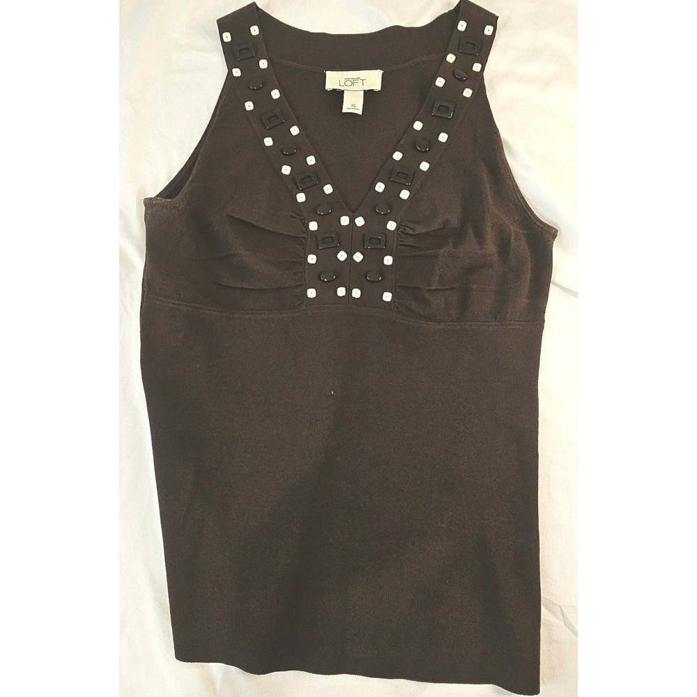 Ann Taylor LOFT Brown Beaded V-Neck Knit Tank Top Shell XS Sleeveless Brown